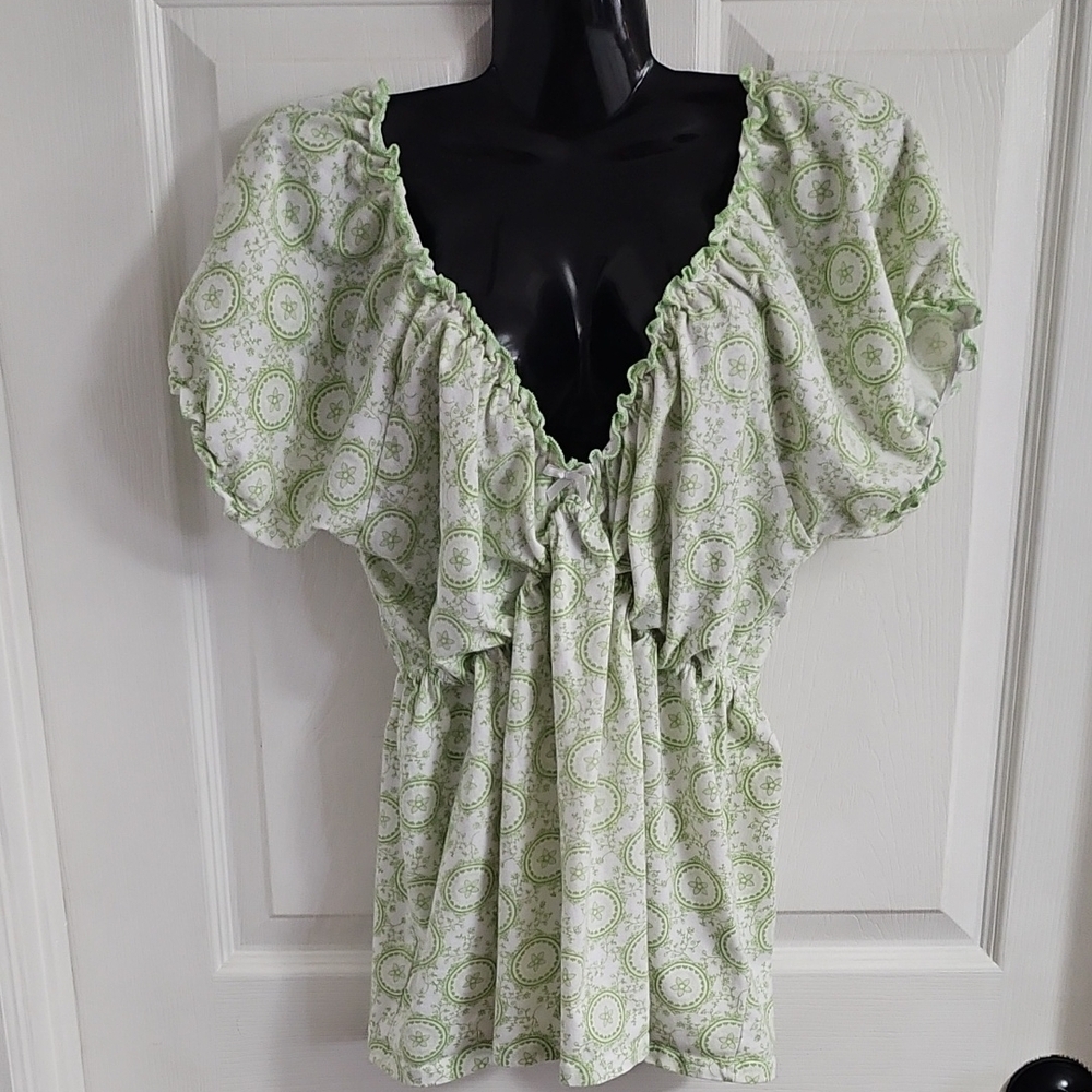 Laura Ashley White and Green Patterned Blouse
